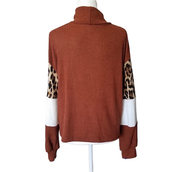 Rolled Neck Leopard Print Long Sleeve Panel Color Block Sweater Turtleneck - Picture 5 of 10